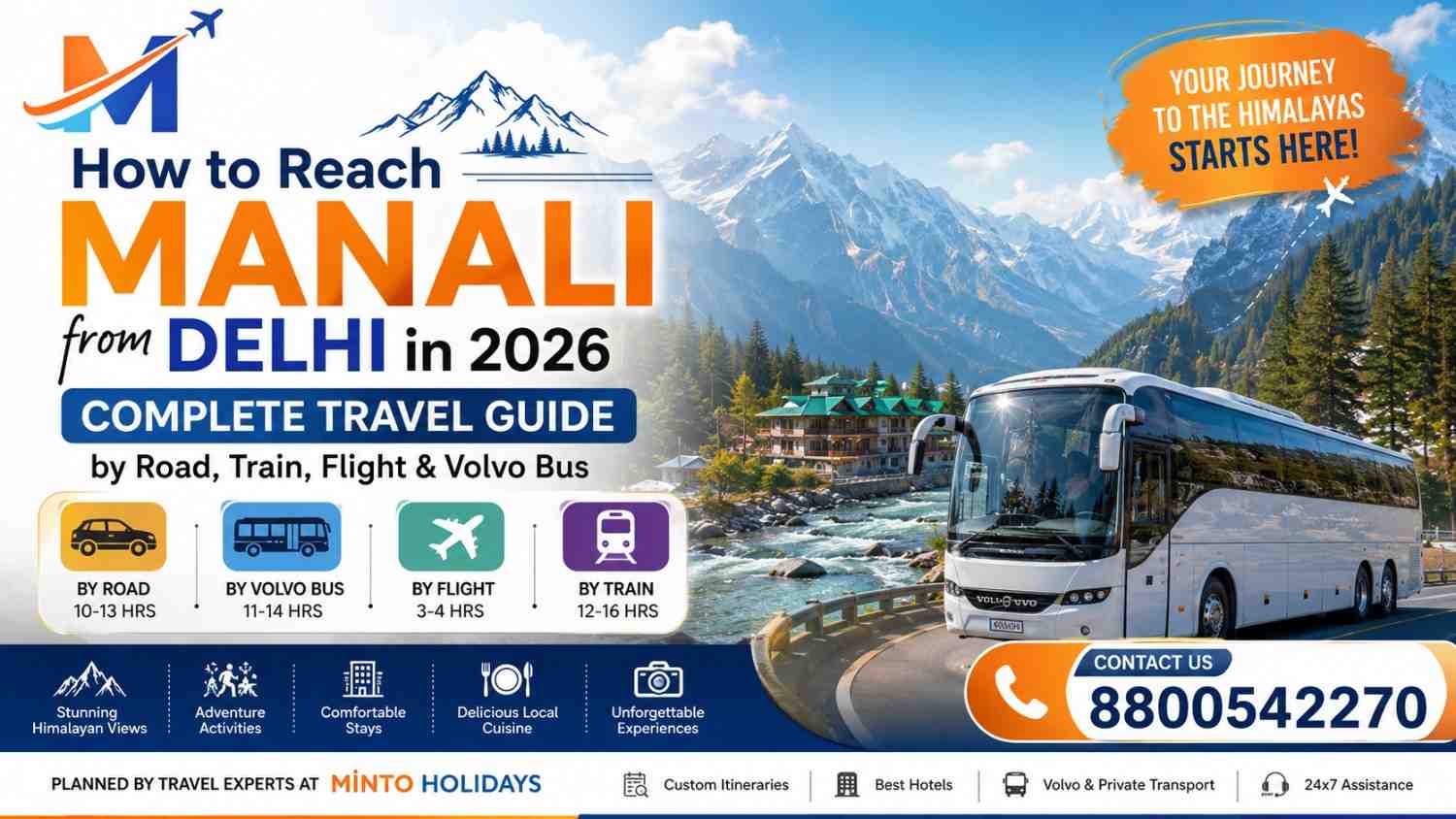 How to Reach Manali from Delhi in 2026 travel guide banner by Minto Holidays featuring road trip, Volvo bus, flight and train options, Himalayan mountains, Hidimba Temple, travel packages, and contact number 8800542270.