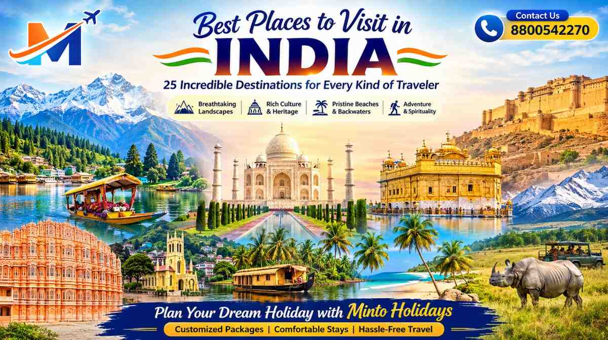 Best Places to Visit in India travel banner by Minto Holidays featuring the Taj Mahal, Kashmir, Goa beaches, Kerala backwaters, Golden Temple, Rajasthan forts, wildlife, mountains, company logo, and contact number 8800542270.
