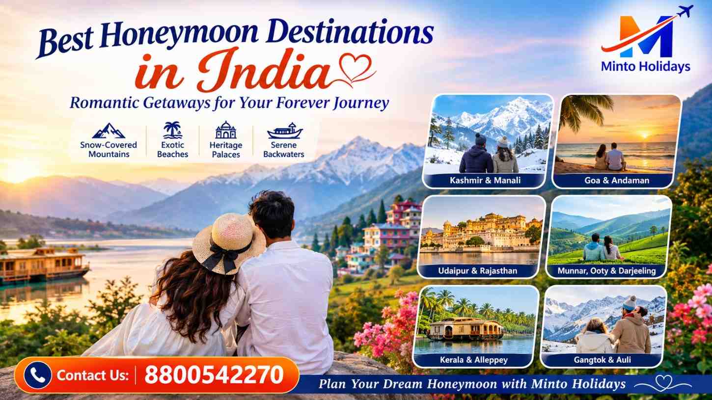 Best Honeymoon Destinations in India banner by Minto Holidays featuring romantic couples, Kashmir, Manali, Goa, Andaman, Kerala, Udaipur, Gangtok, scenic landscapes, and contact number 8800542270 for honeymoon tour packages.