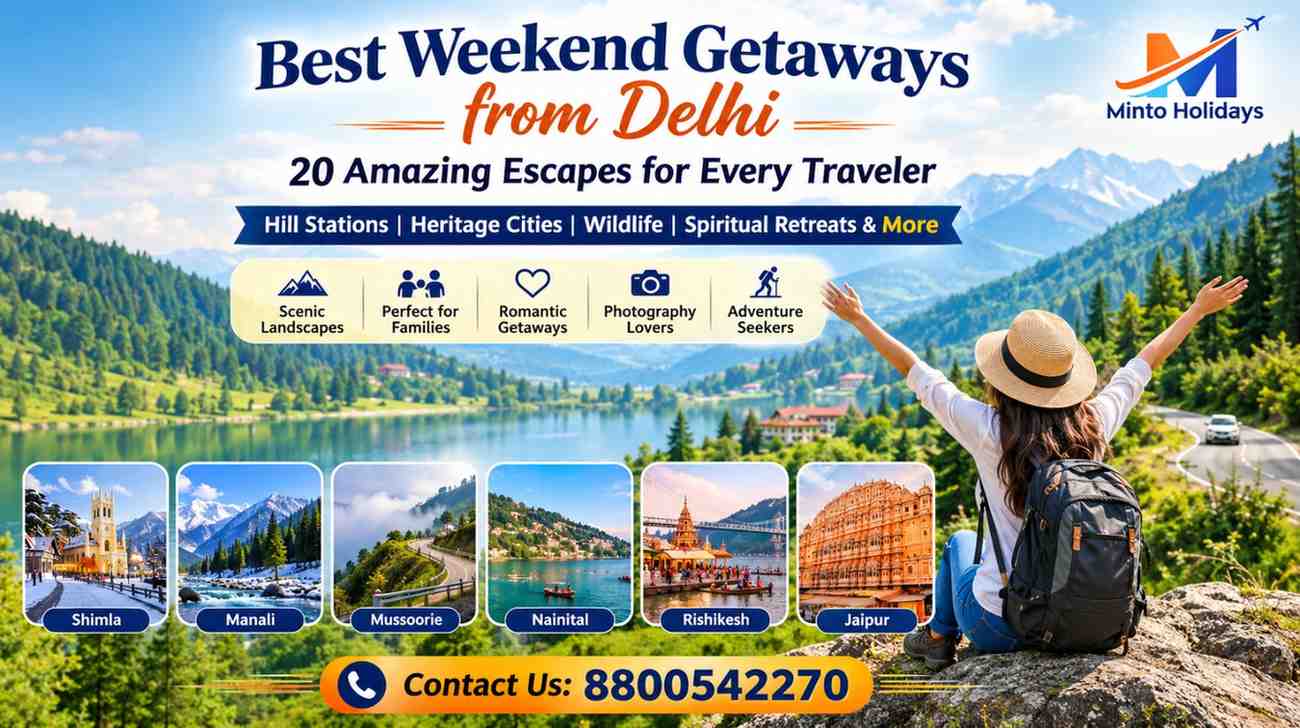 Best Weekend Getaways from Delhi featuring Shimla, Manali, Mussoorie, Nainital, Rishikesh, Jaipur, and Minto Holidays contact details.