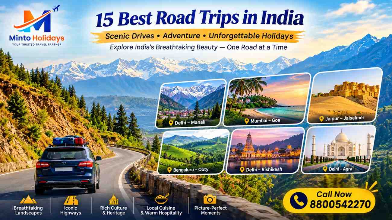 15 best road trips in India featuring scenic mountain roads, coastal drives, desert landscapes, and Minto Holidays travel branding.