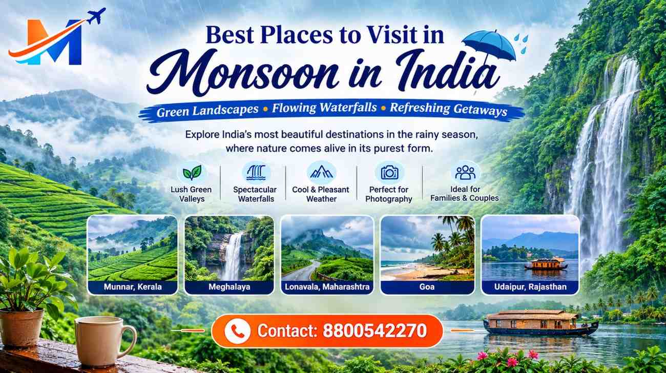Best places to visit in monsoon in India featuring lush green landscapes, waterfalls, Munnar, Meghalaya, Goa, Lonavala and Udaipur.