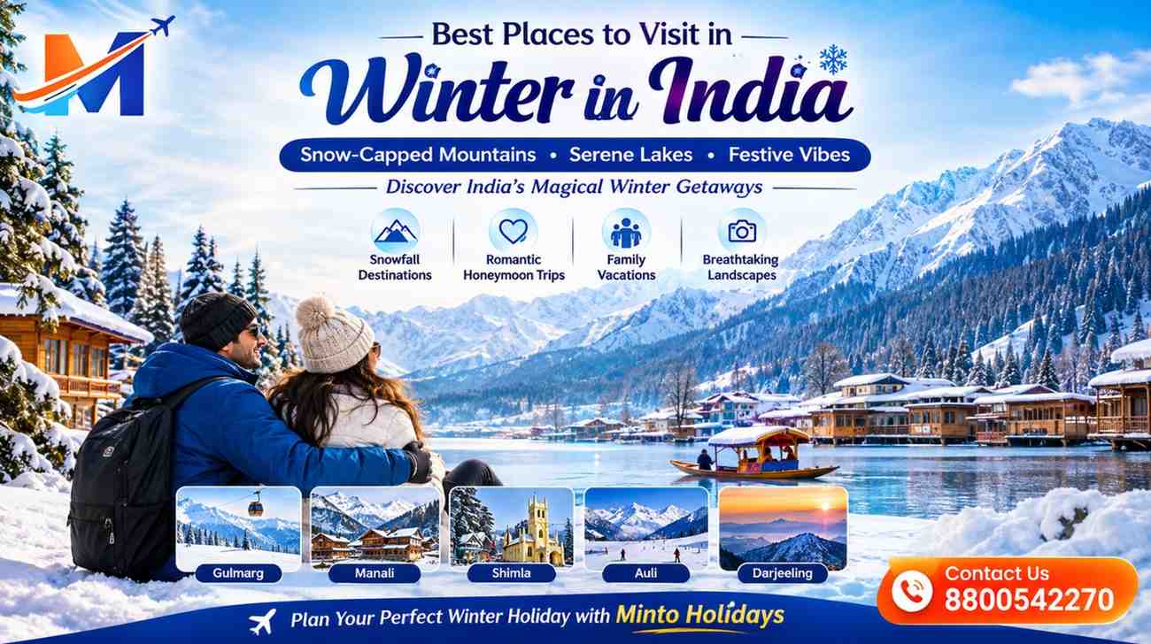 Best places to visit in winter in India featuring snowy mountains, Gulmarg, Manali, Shimla, Auli, and Darjeeling.