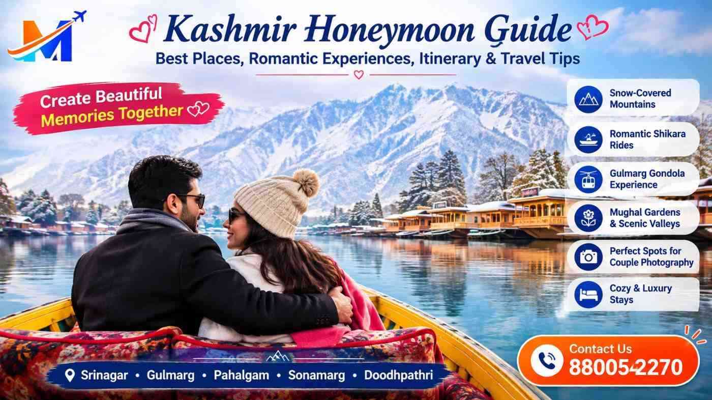 Kashmir honeymoon guide featuring a romantic couple on a shikara at Dal Lake, snow-covered mountains, Gulmarg, Pahalgam, Sonamarg, Doodhpathri, and Minto Holidays contact details.