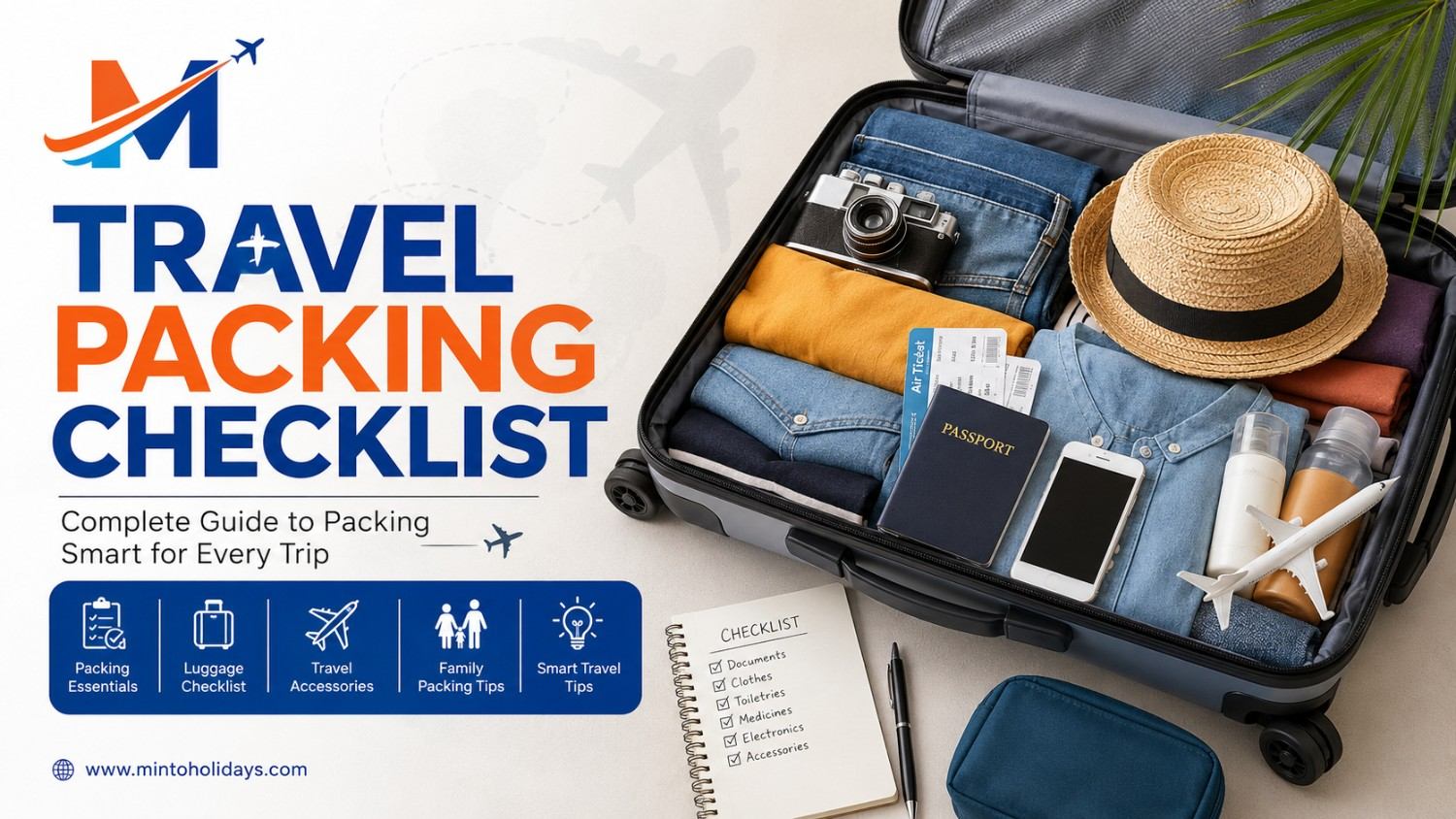 Travel packing checklist with suitcase, travel essentials, and smart packing tips for every trip.