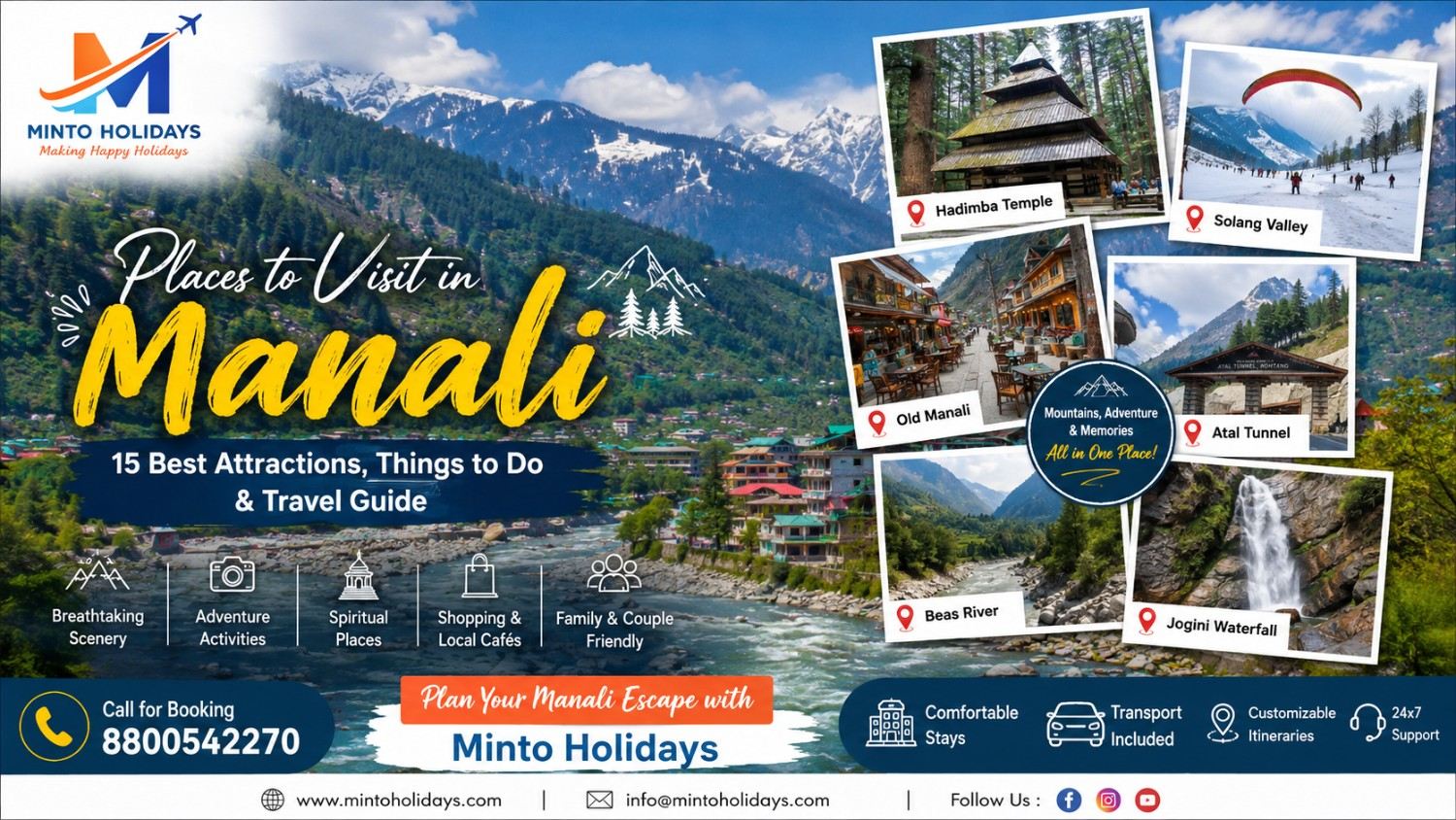 Manali travel collage featuring Hadimba Temple, Solang Valley, Old Manali, Atal Tunnel and Beas River.