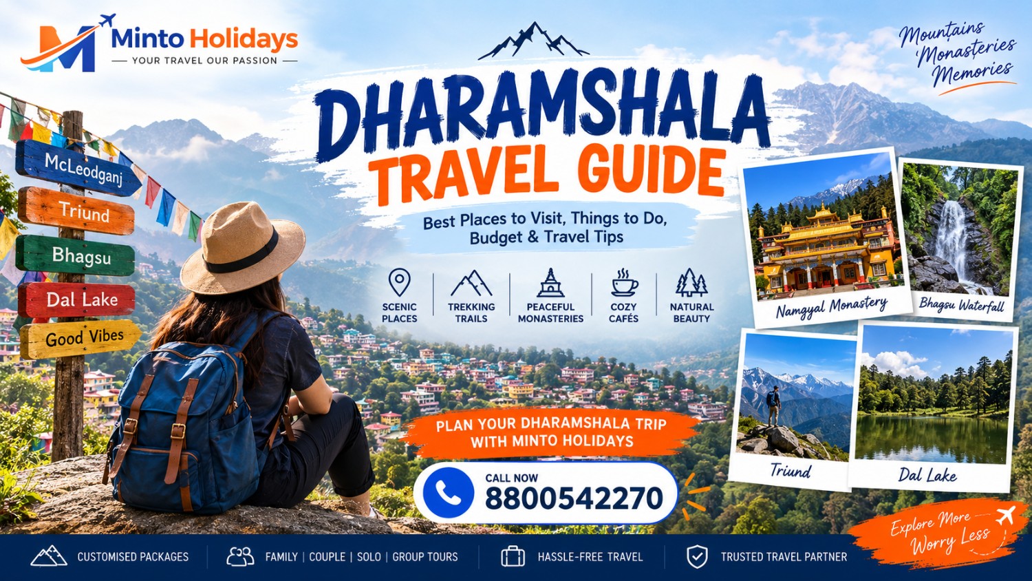 Dharamshala Travel Guide featuring McLeodganj, Namgyal Monastery, Bhagsu Waterfall, Triund and Dal Lake, with Minto Holidays contact number 8800542270.