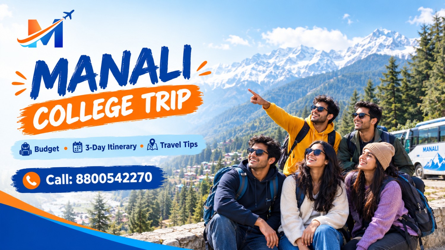 College students enjoying a group trip to Manali with views of the Himalayan mountains