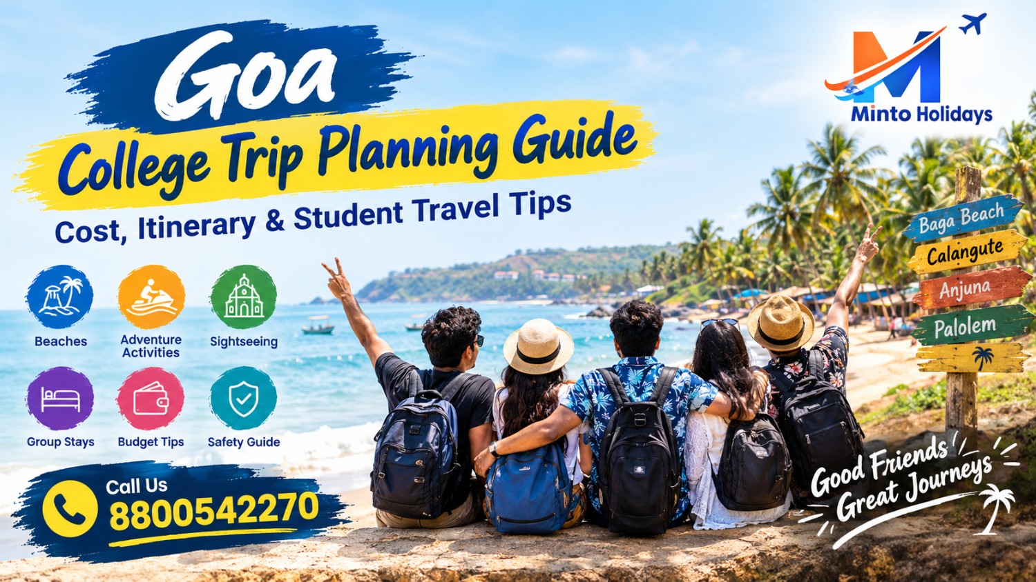 College students enjoying a group trip to Goa with beach views, palm trees, and coastal scenery