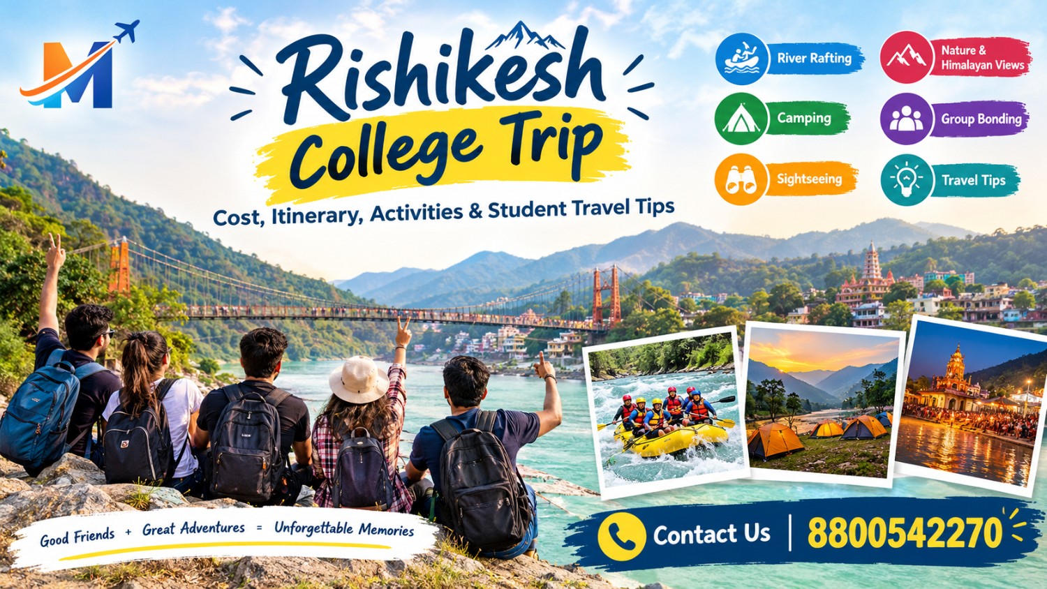 College students enjoying a group trip to Rishikesh with riverside camping, Himalayan views, and adventure activities