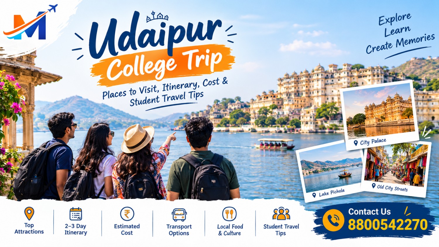 College students exploring Udaipur's City Palace, Lake Pichola and historic streets on a college group trip