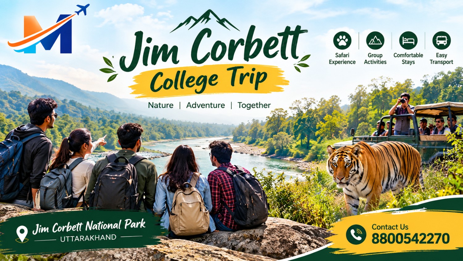 College students enjoying a group trip to Jim Corbett National Park with forest scenery and outdoor activities in Uttarakhand