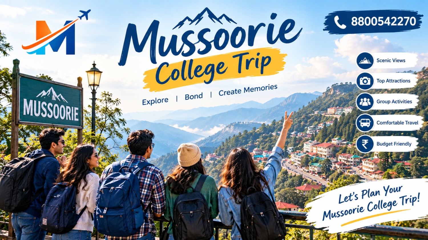 College students enjoying a group trip to Mussoorie with views of the Himalayan foothills, Mall Road and green mountain scenery.