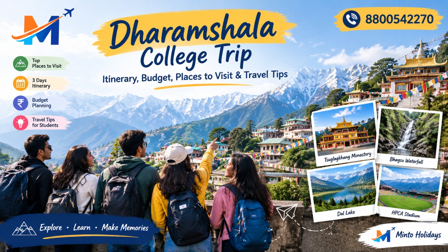 College students enjoying a group trip to Dharamshala with views of the Dhauladhar mountains in Himachal Pradesh