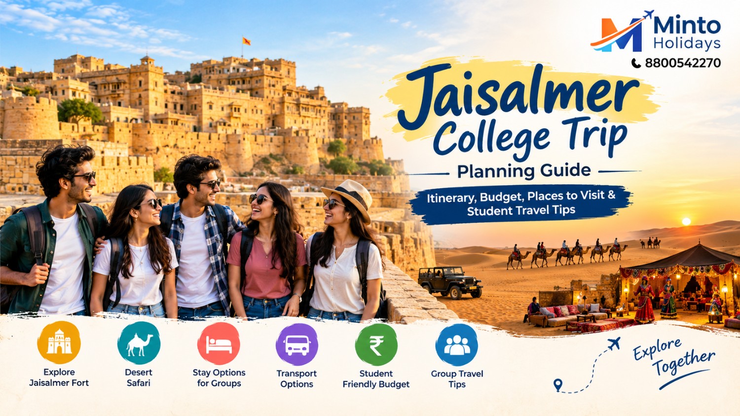College students exploring Jaisalmer Fort and enjoying a desert group trip in Rajasthan
