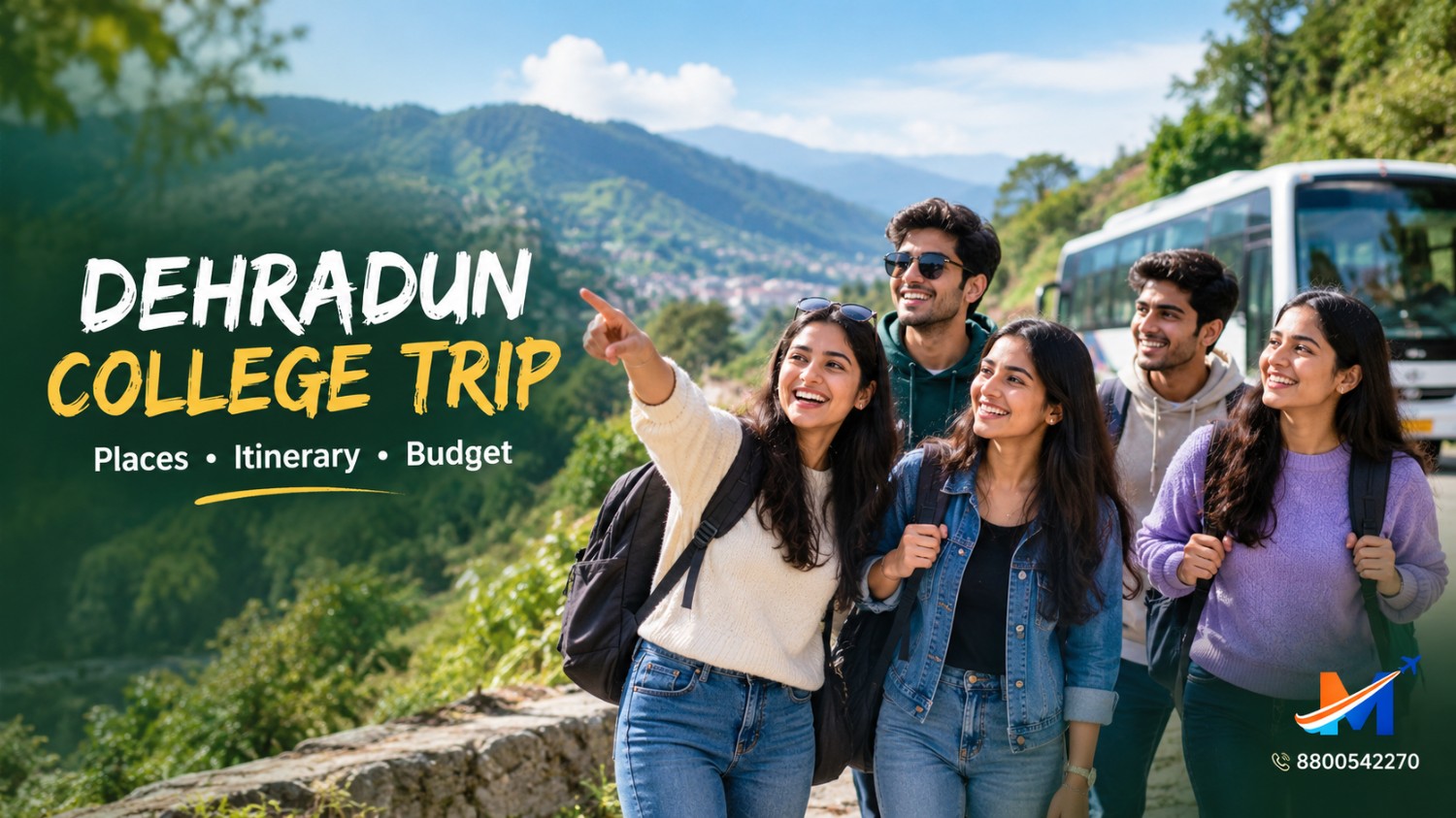 College students enjoying a group trip to Dehradun with green hills, scenic viewpoints and outdoor activities in Uttarakhand