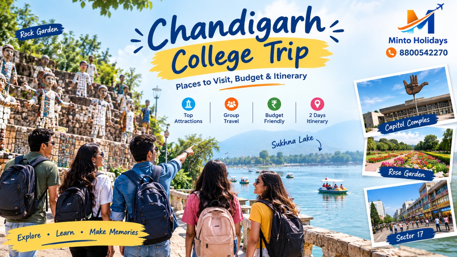 College students exploring Rock Garden and Sukhna Lake during a Chandigarh college trip